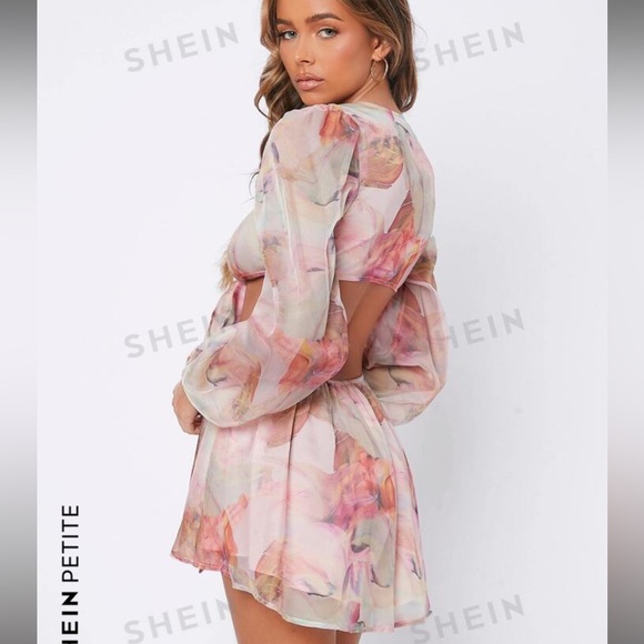 SHEIN PETITE Floral Print Backless Tie Front Jumpsuit - Picture 2 of 3